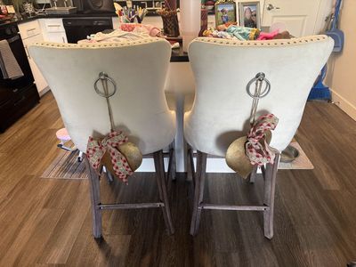 Pair of Counter Height Barstools - Tufted Cream Upholstery w/ Silver Accents