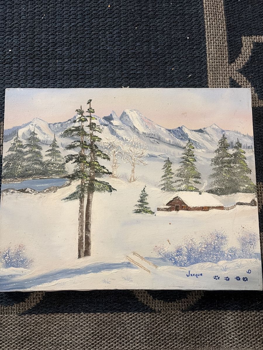 Original Hand-Painted Winter Mountain Landscape Canvas Painting by Jacque