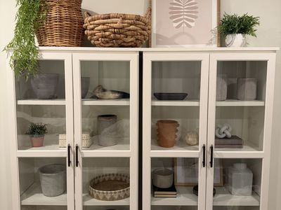 Pair of White Glass Door Display Cabinets /Bookcases