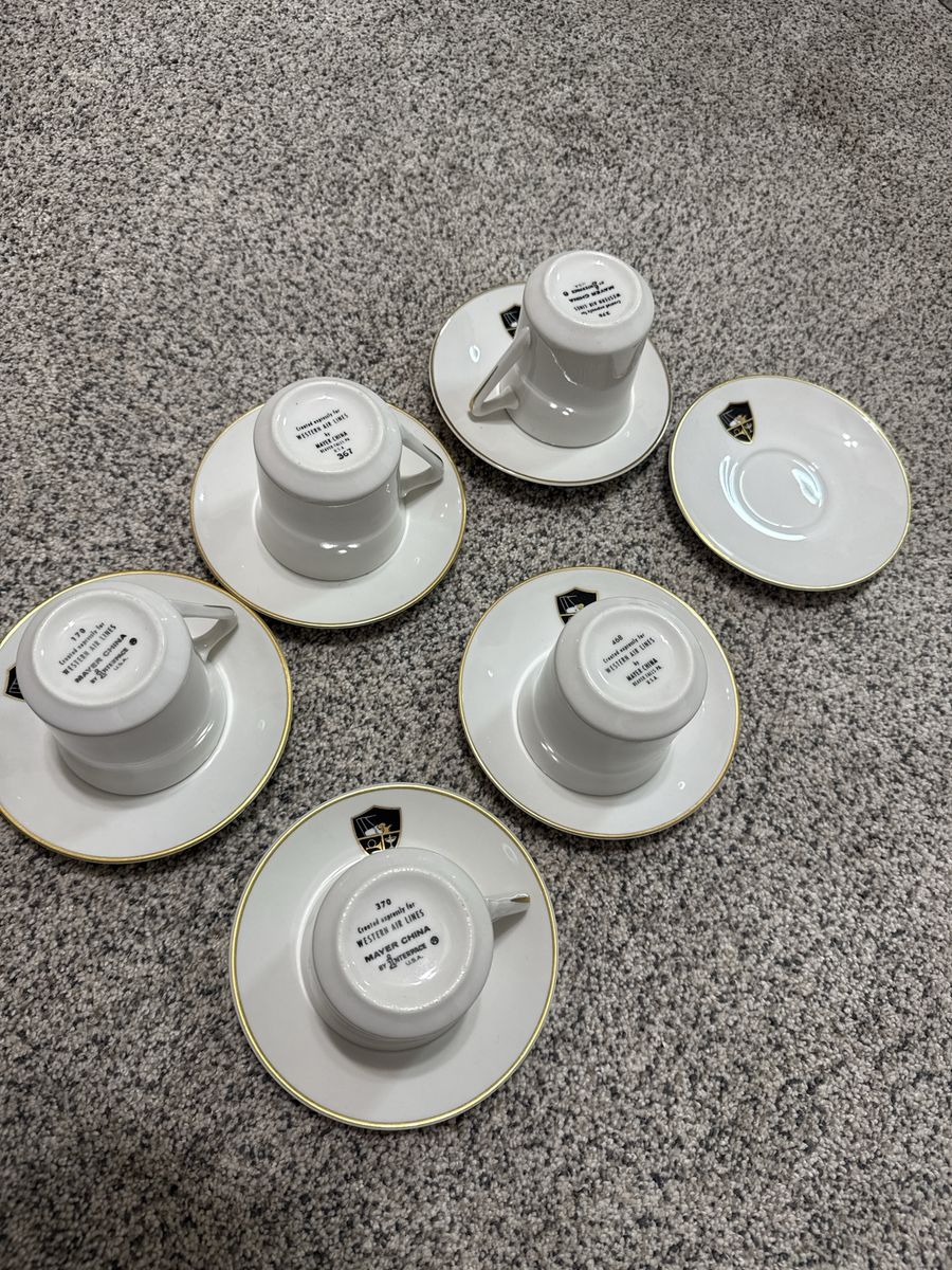 Vintage Mayer China Western Air Lines Espresso Cups & Saucers - Set of 6, Gold Trim, Airline Memorabilia