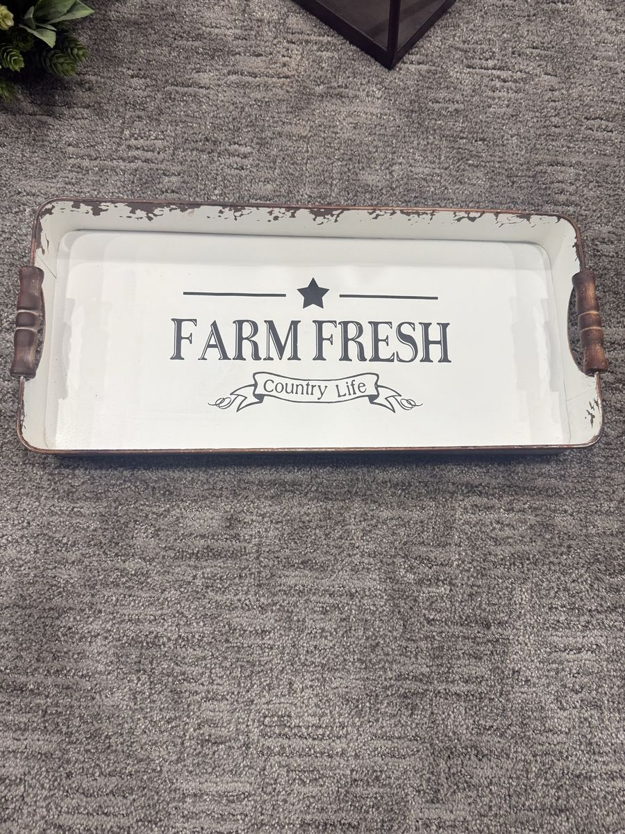Farm Fresh Country Life Rectangular Metal Decorative Serving Tray with Wood Handles