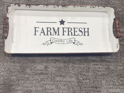 Farm Fresh Country Life Rectangular Metal Decorative Serving Tray with Wood Handles