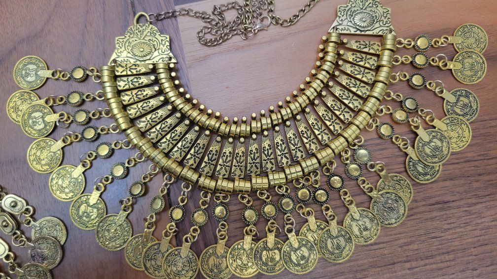 Set of 4 Gold Tone Coin Pendant Choker Necklaces - Ethnic Tribal Boho Statement Jewelry