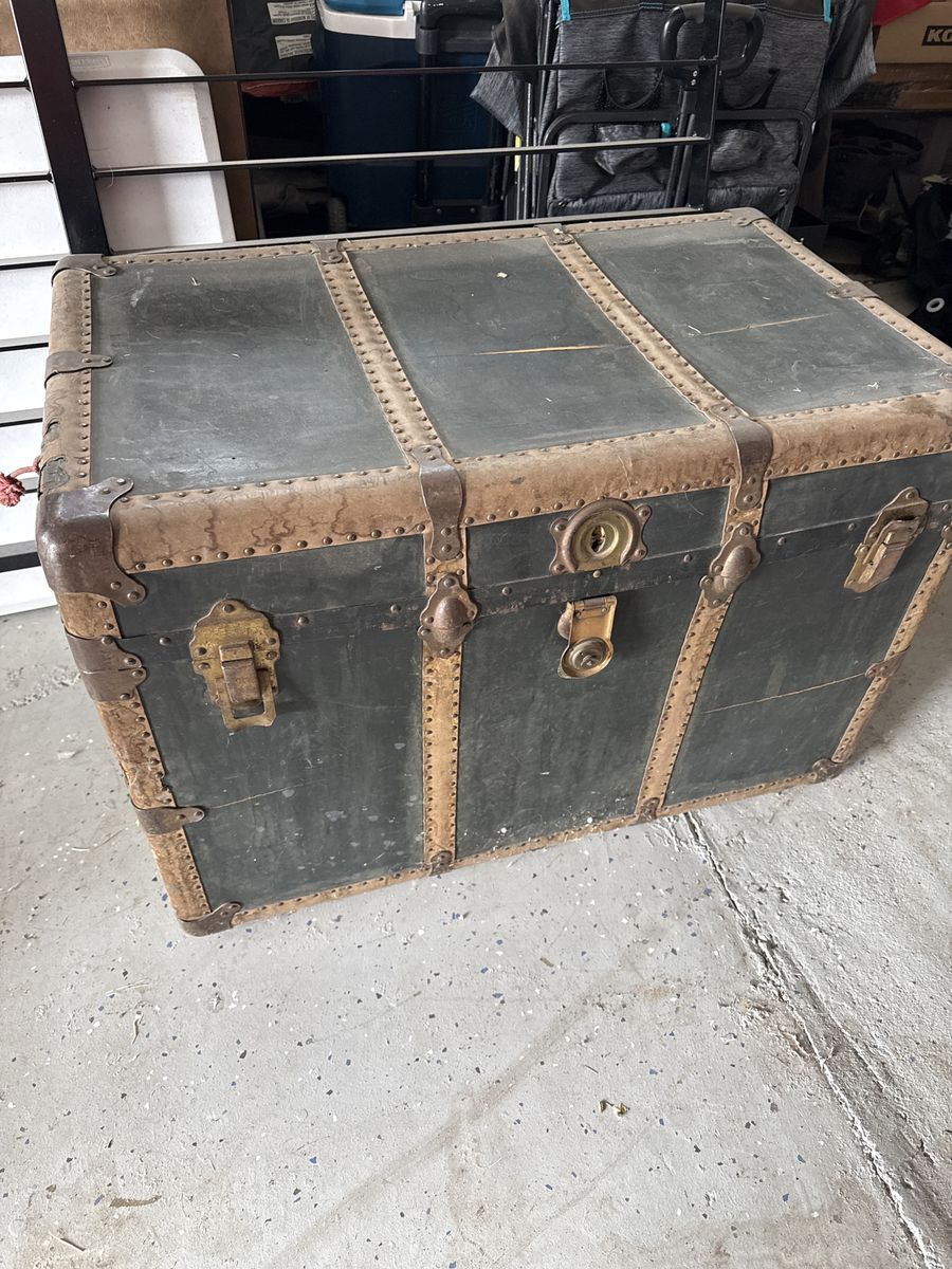 Vintage Steamer Trunk Chest - Green/Gold Riveted Storage Coffee Table