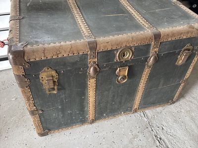 Vintage Steamer Trunk Chest - Green/Gold Riveted Storage Coffee Table