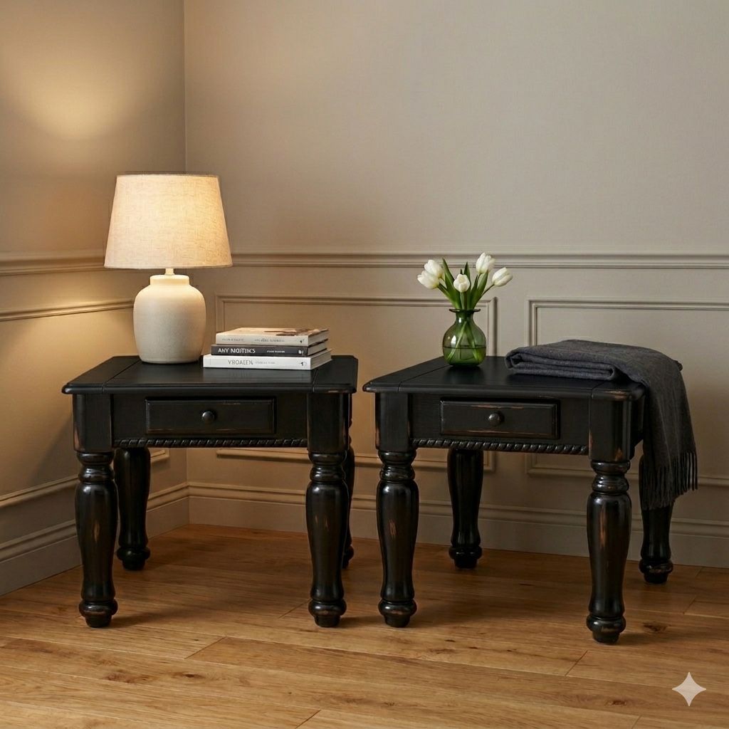 Pair of Black Solid Wood End Tables with Drawers - Square Top, Turned Legs, Traditional Style