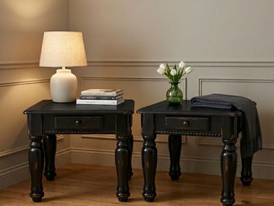 Pair of Black Solid Wood End Tables with Drawers - Square Top, Turned Legs, Traditional Style