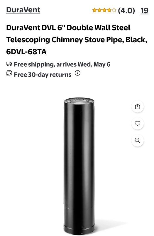 DuraVent DVL 6'' Double Wall Steel Telescoping Chimney Stove Pipe, Black, 6DVL-68TA