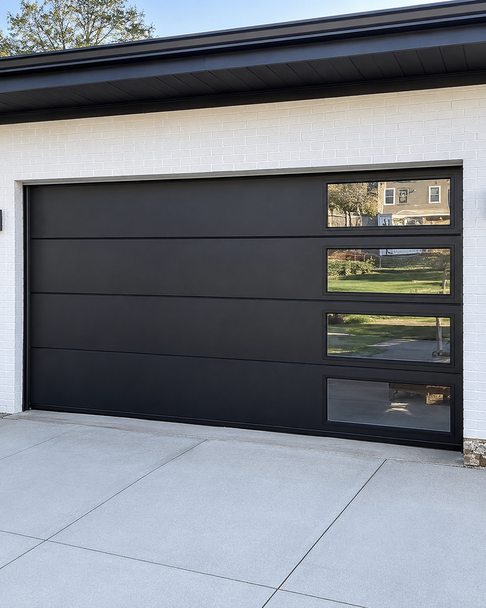 Modern Black Garage Door with Vertical Right-Side Windows