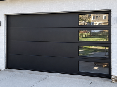 Modern Black Garage Door with Vertical Right-Side Windows