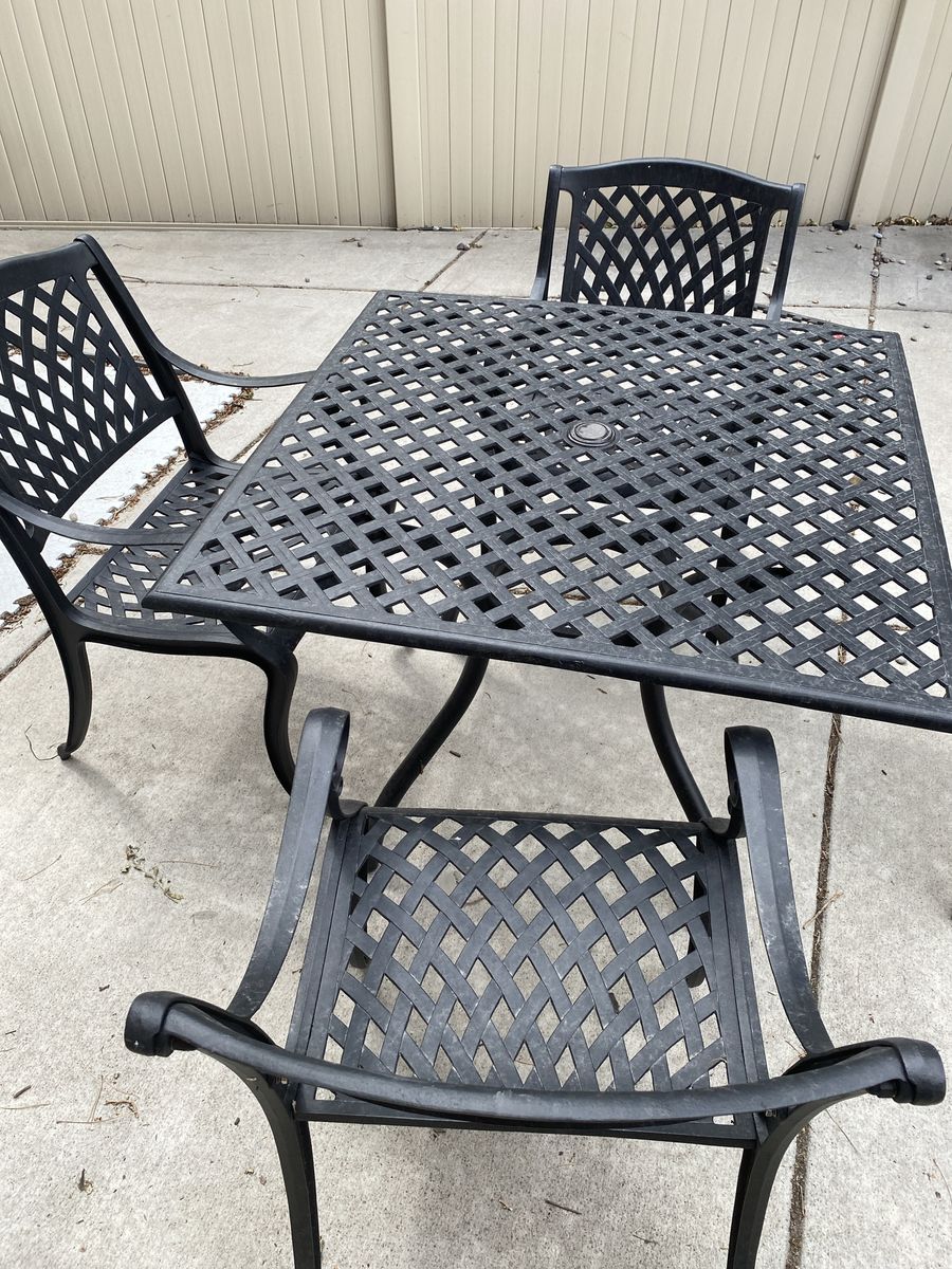 Black Wrought Iron Patio Dining Set - Square Table & 4 Chairs, Diamond Lattice Design