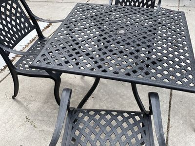 Black Wrought Iron Patio Dining Set - Square Table & 4 Chairs, Diamond Lattice Design