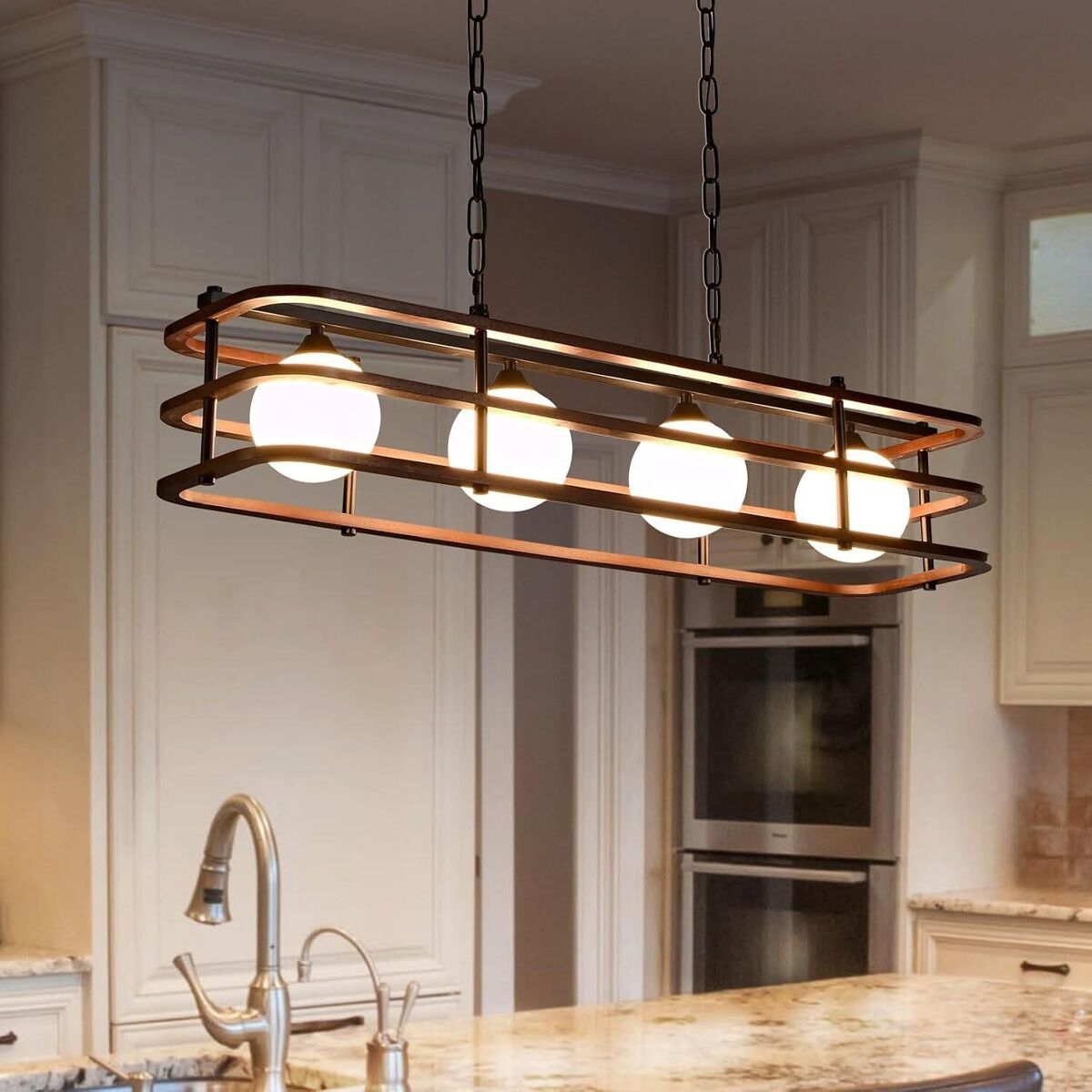 Farmhouse Rectangular Chandelier with Remote, Dimmable LED Wood Pendant Rustic Ceiling Light Fixture