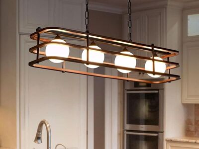 Farmhouse Rectangular Chandelier with Remote, Dimmable LED Wood Pendant Rustic Ceiling Light Fixture