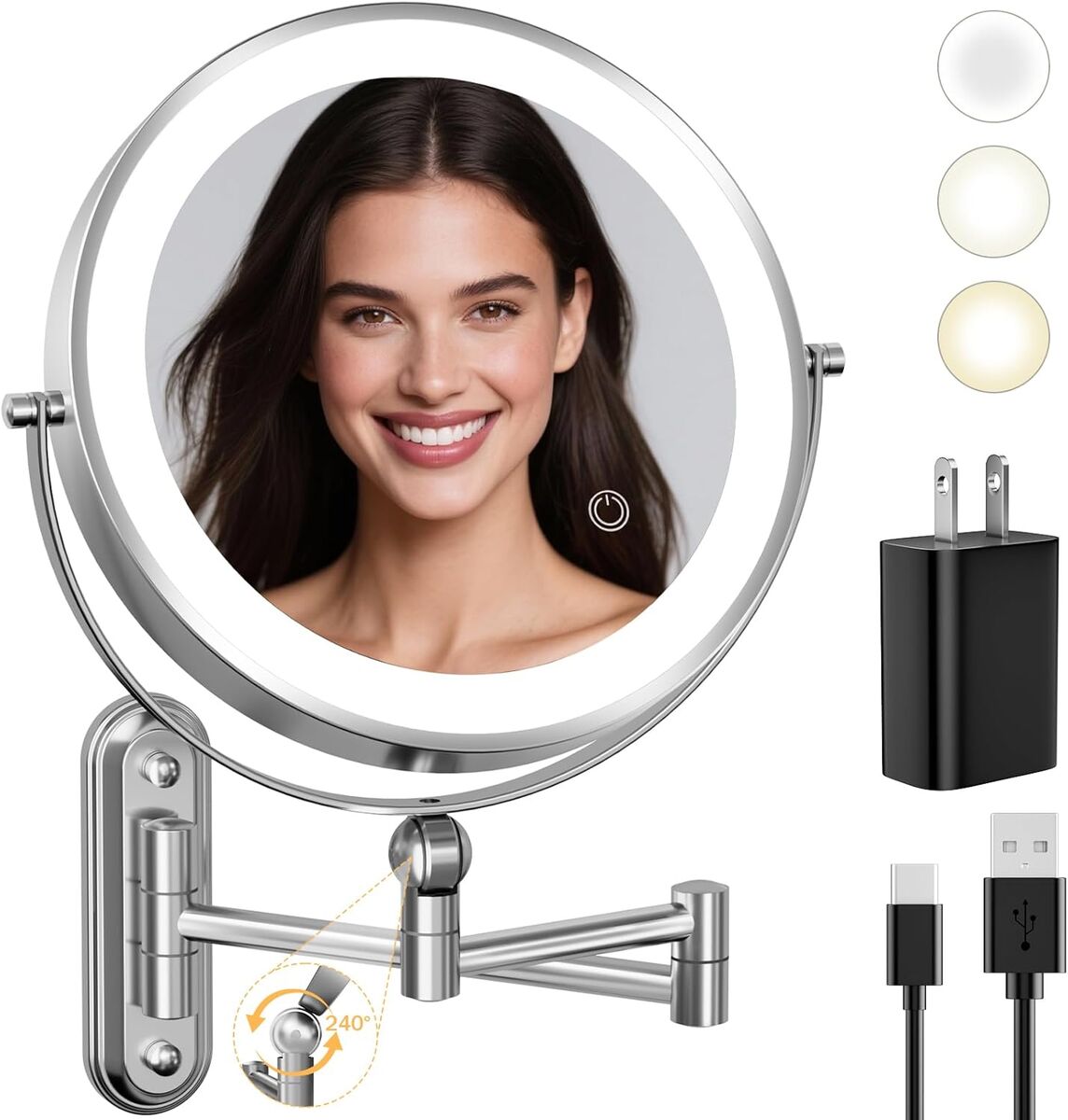 NEW Two-Fingers-Width Narrow Base Rechargeable Wall Mounted Lighted Makeup Mirror,3 Color Lights Dimmable Touch Screen