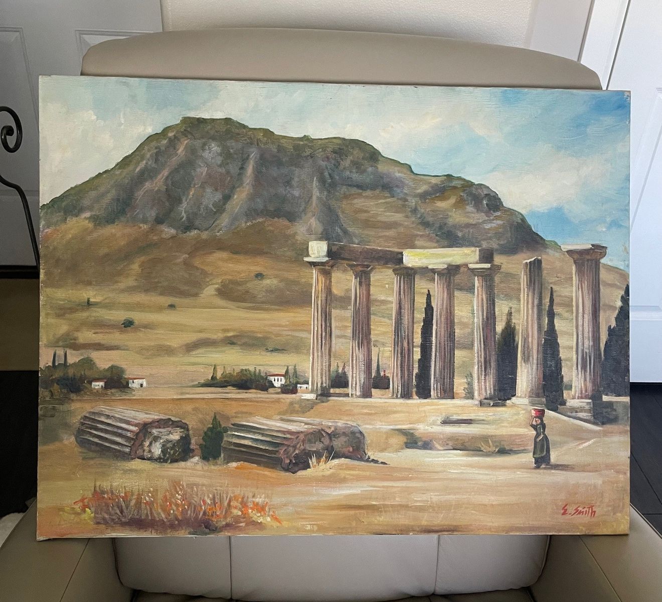 Vintage 26" X 20" Oil Painting of Ruins in Greece