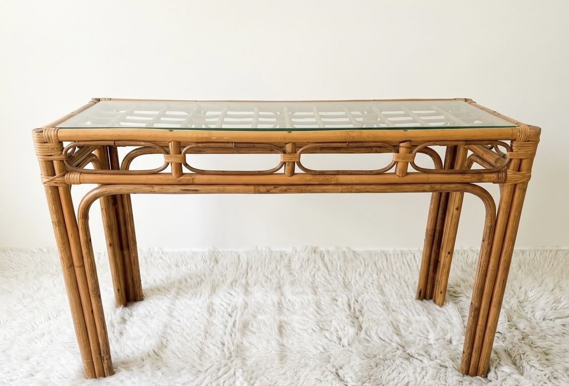 Vintage Bamboo/Rattan Console Table, Glass top- MCM era