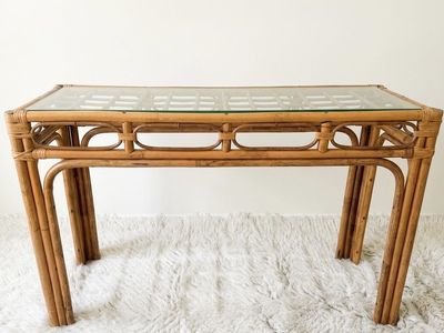 Vintage Bamboo/Rattan Console Table, Glass top- MCM era
