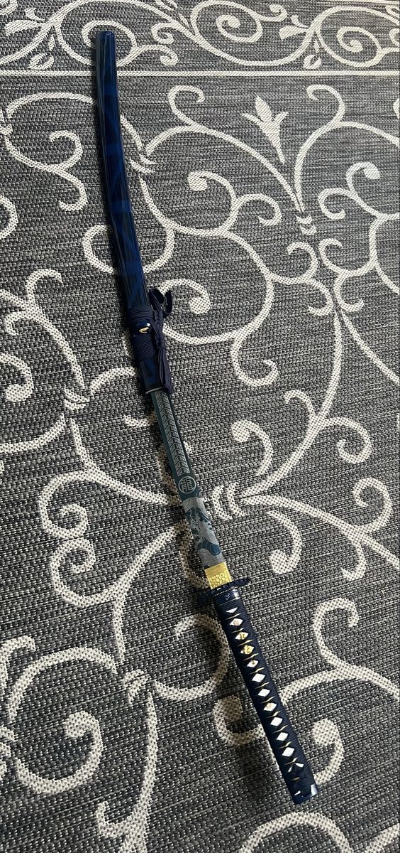 Decorative Samurai Katana Sword with Dragon Engraving & Blue Scabbard - Display/Cosplay