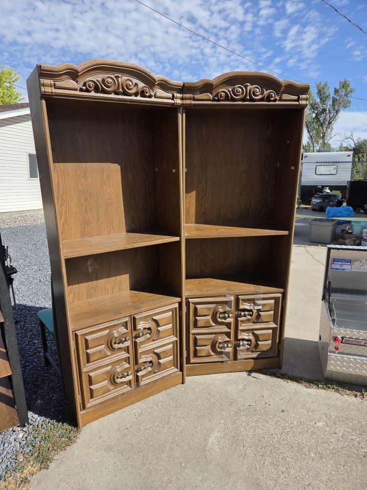 Vintage Mid-Century Modern Wooden Bookcases with Cabinets - Set of 2