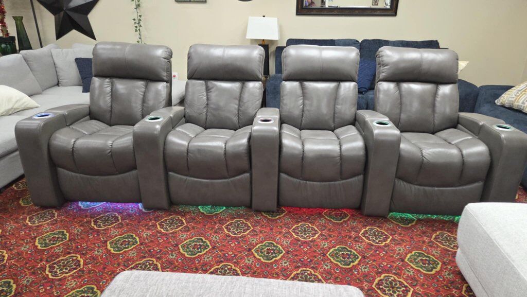 4-Piece Gray Leather home theater recliner