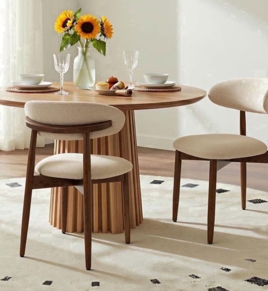 Mid-Century Modern Dining Chair - Beige Fabric & Dark Wood, 250lb Capacity