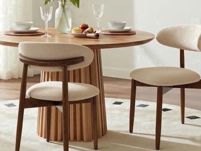 Mid-Century Modern Dining Chair - Beige Fabric & Dark Wood, 250lb Capacity