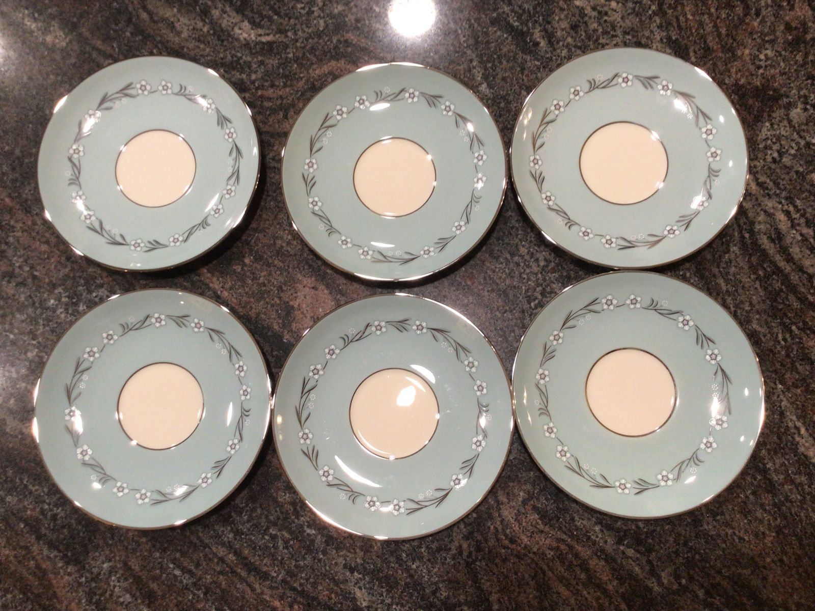 Franciscan DEL RIO 6 saucers aqua with white and pink flowers and platinum trim, retro Cottagecore