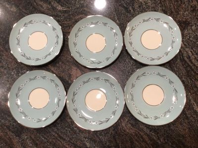 Franciscan DEL RIO 6 saucers aqua with white and pink flowers and platinum trim, retro Cottagecore