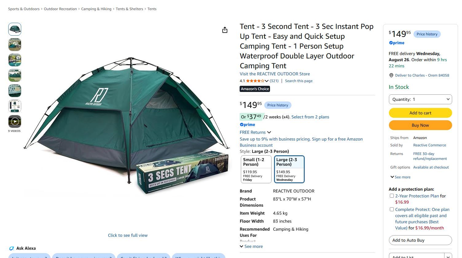 NEW! Reactive Outdoor 3 Second Tent, Instant Pop Up, 3 Person, Large