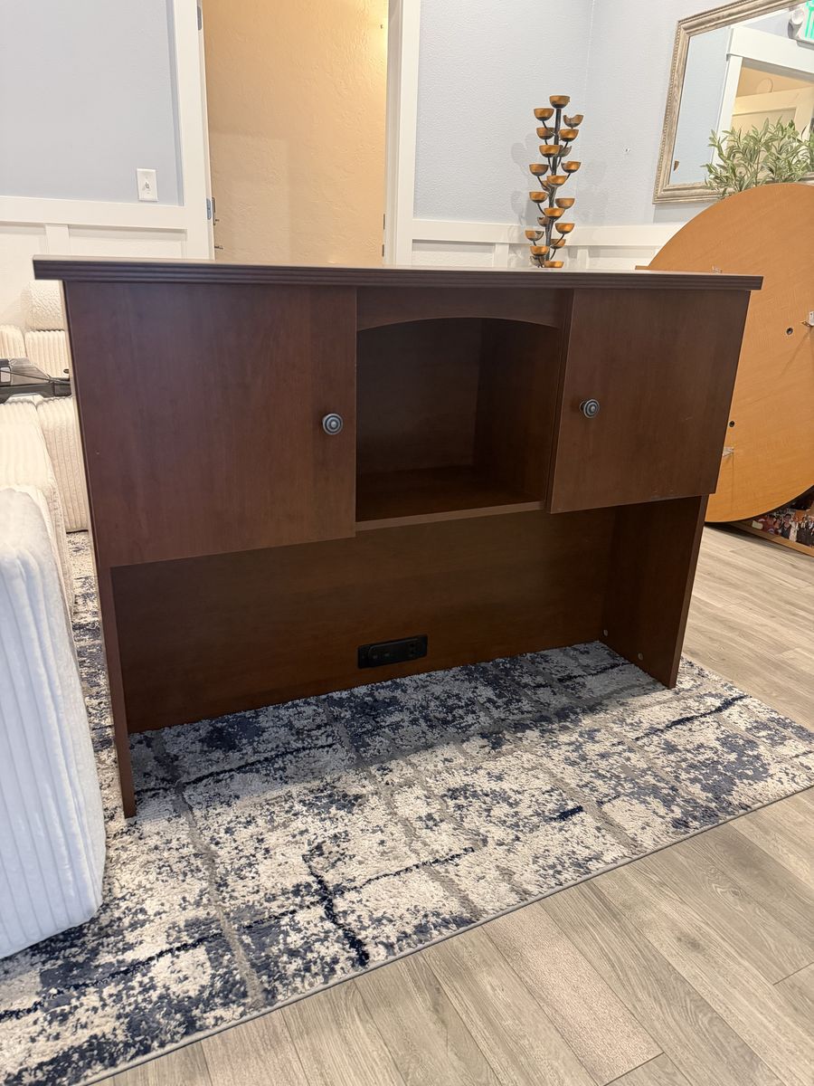 Cherry Wood Desk Hutch / Storage Topper — Built-In Ports & Cabinets