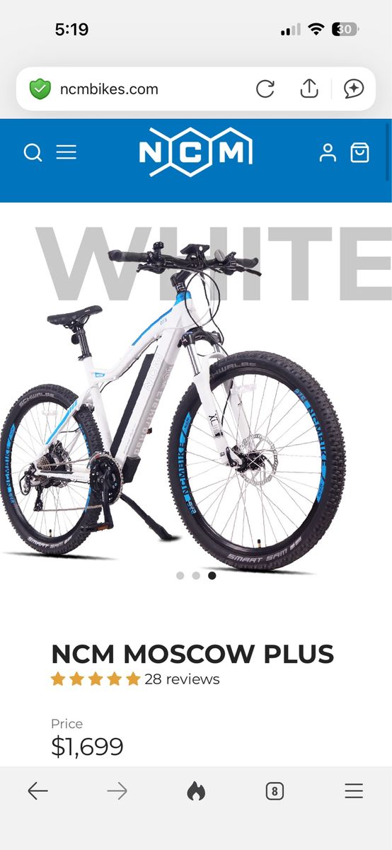 NCM Moscow Plus E-Mountain Bike 48V - White Electric Hardtail Bicycle