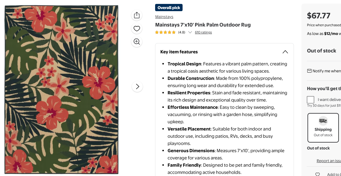 New Mainstays 7'x10' Pink Hibiscus Palm Outdoor Rug
