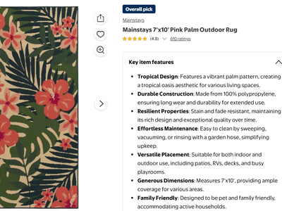 New Mainstays 7'x10' Pink Hibiscus Palm Outdoor Rug