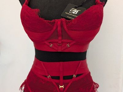 Honey Birdette Belinda Red Lace Lingerie Set Bra and Suspender Belt