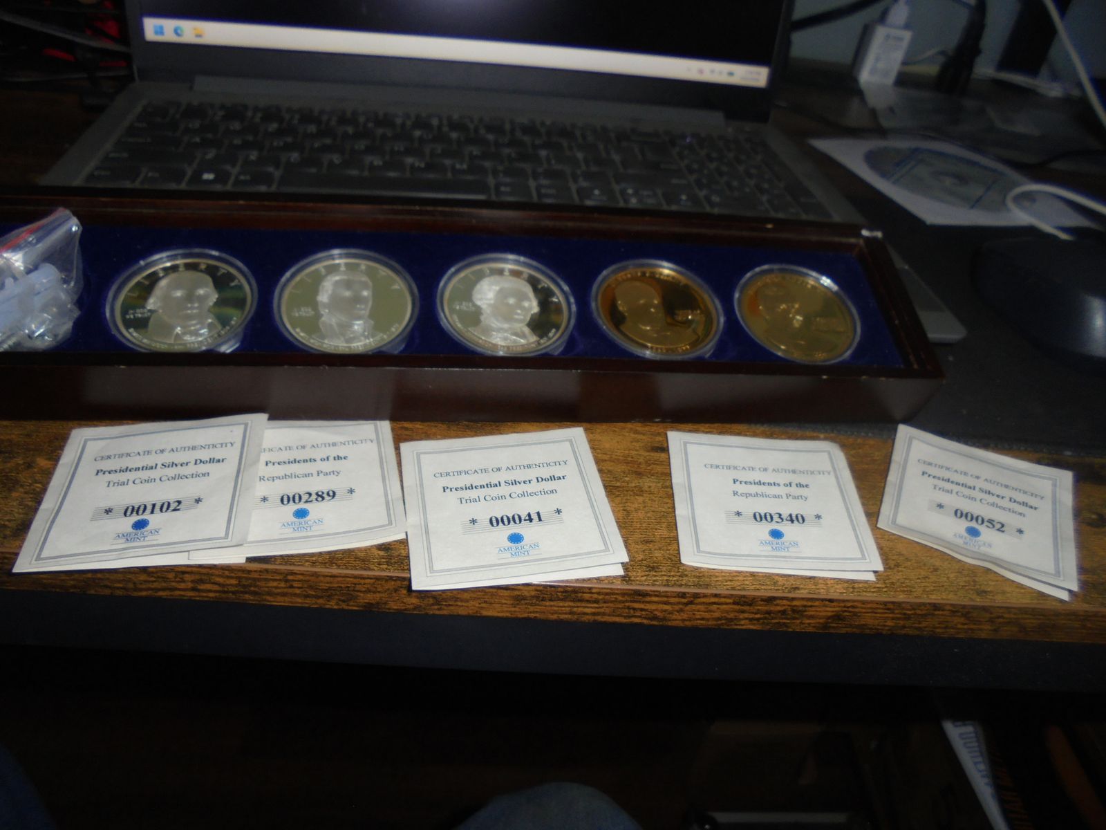 Set of 5 Presidential silver dollars with case and certificate of Authenticity