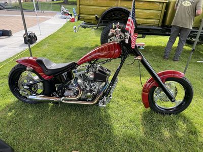 Custom Built Chopper Motorcycle - Red/Black with Chrome Engine and Detailed Paint