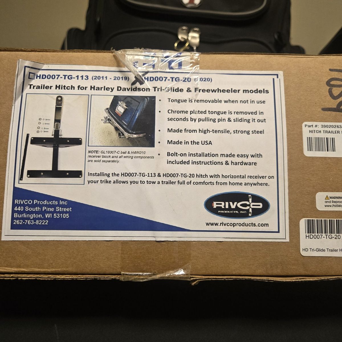 Rivco HD007-TG-20 Trailer Hitch for Harley Davidson Tri-Glide & Freewheeler