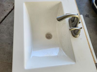 Bath/shower basin/walls, Vanity with sink and Drain