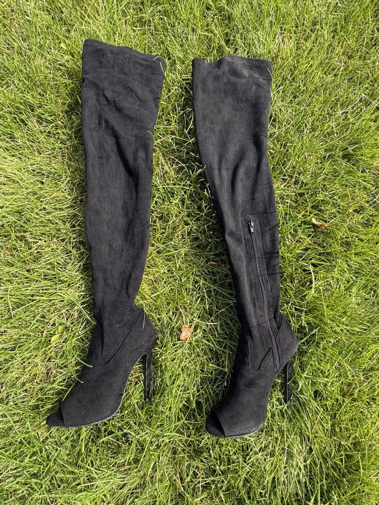 Black Faux Suede Peep- Toe Over The Knee