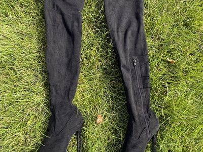 Black Faux Suede Peep- Toe Over The Knee