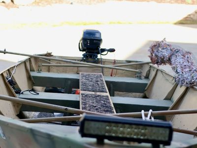 14’ Aluminum Hunting/Fishing Boat w Hunting Blind and 2 Motors!