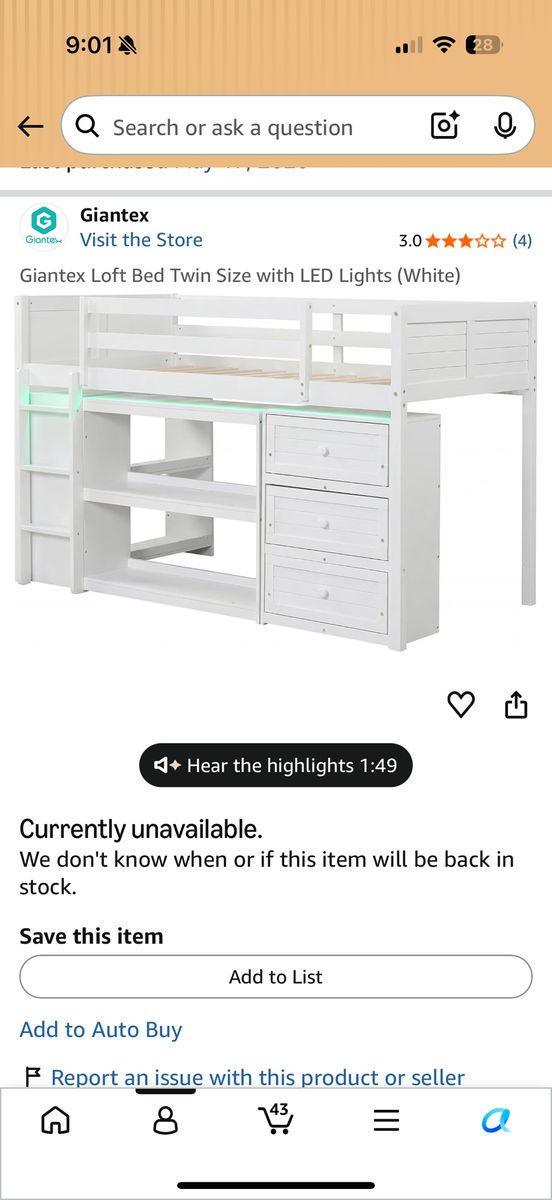 Twin Loft Bed with Storage Drawers, Shelves & LED Lights - White Wood