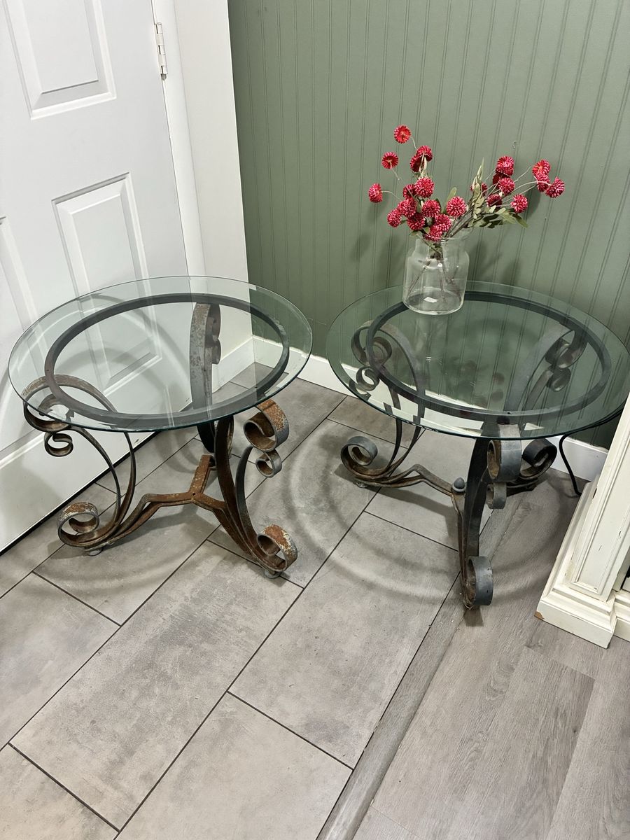 Set of 2 Wrought Iron and Round Glass Top Accent Side Tables