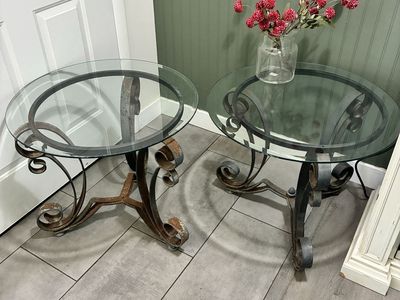 Set of 2 Wrought Iron and Round Glass Top Accent Side Tables