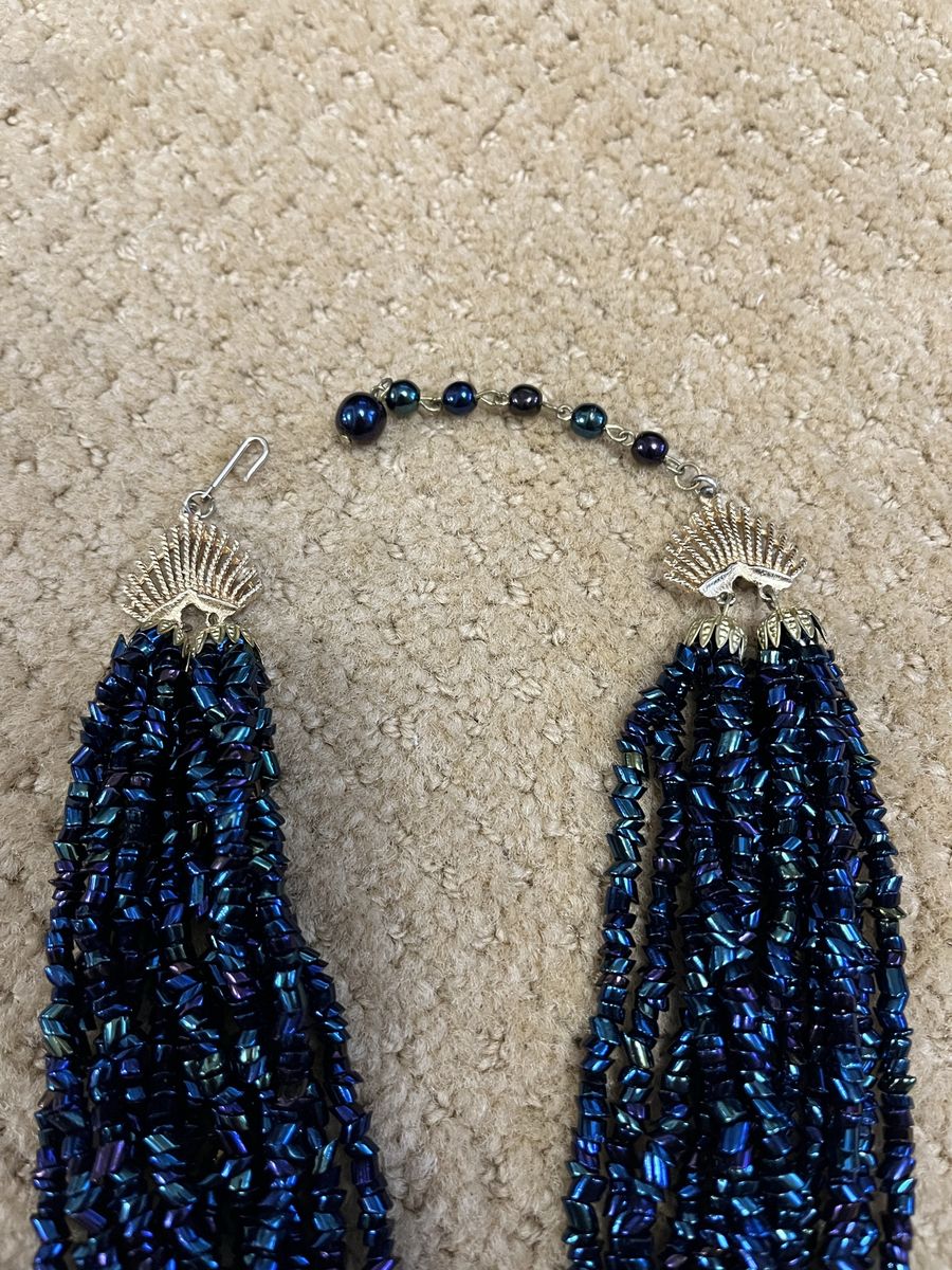 Gorgeous Dark Navy Blue Glass Beaded Necklace / Choker - Vintage