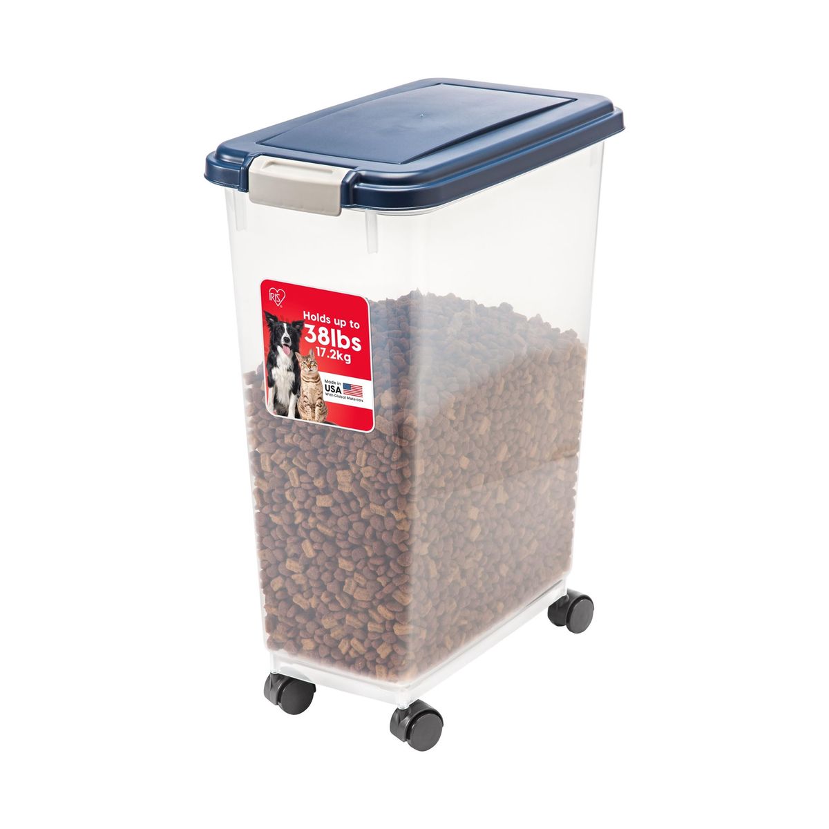 IRIS USA 38 lbs Airtight Pet Food Storage Container with Wheels, Navy Lid