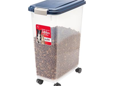 IRIS USA 38 lbs Airtight Pet Food Storage Container with Wheels, Navy Lid