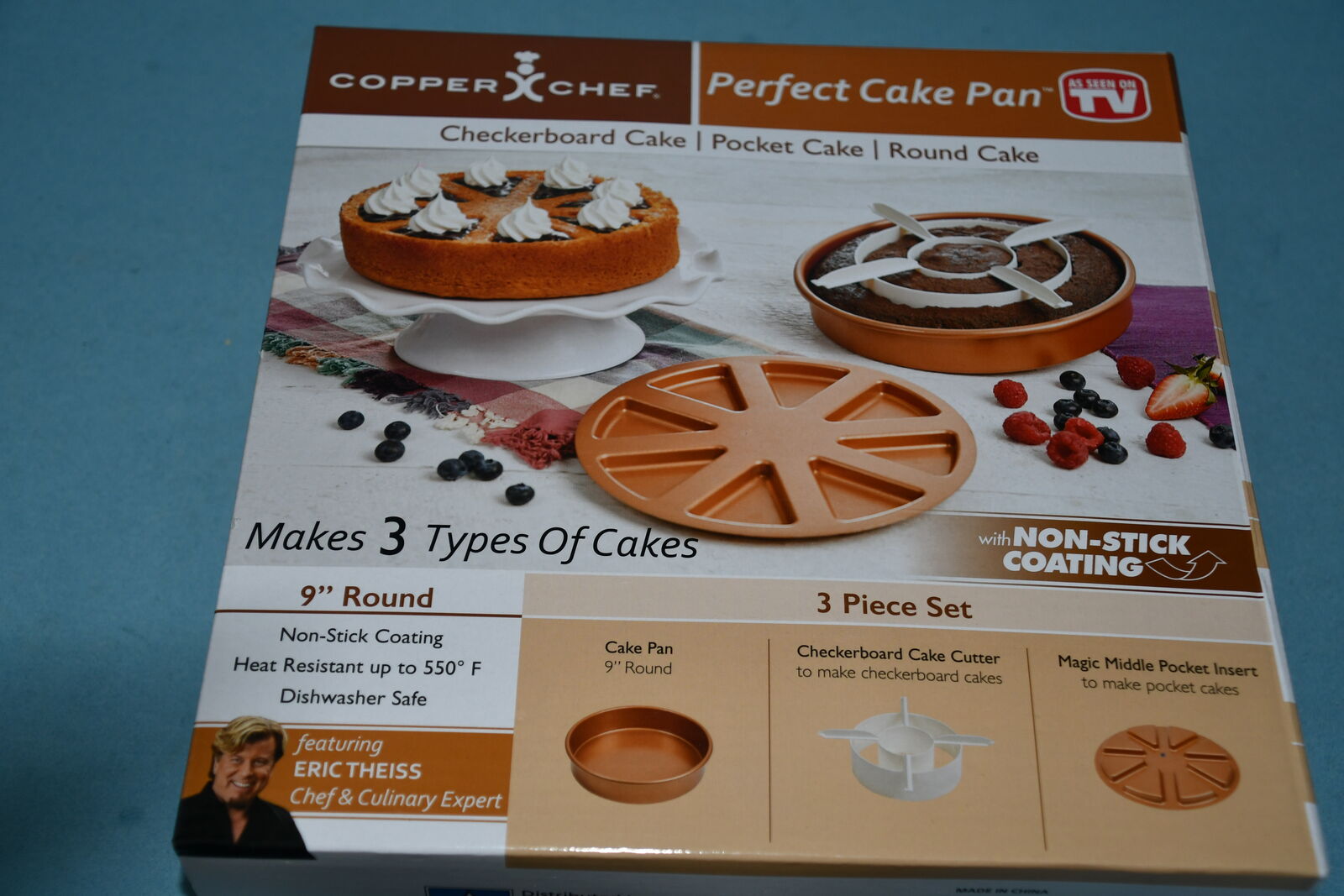 NIB COPPER CHEF " PERFECT CAKE PAN" ~ 9" ROUND ~ MAKES 3 TYPES OF CAKES ~ NON STICK ~ DISHWASHER SAFE