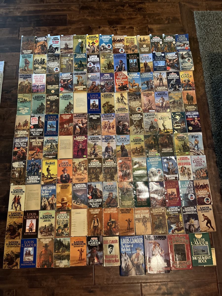Louis Lamour Vintage Paper Back and hardcover Books,128 of them. Plus 4 cassettes.